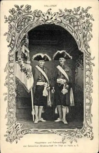 Passepartout Studentika Ak Halle an der Saale, Hauptmann und Fahnenträger, Salzwirker-Brüderschaft