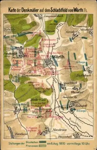 Landkarte Ak Wœrth sur Sauer Woerth Wörth an der Sauer Elsass Bas Rhin, Denkmäler, Schlachtfeld