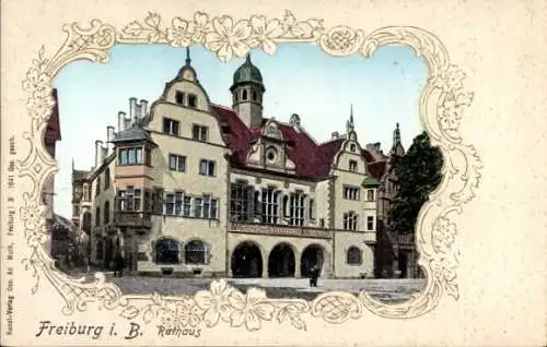 Präge Passepartout Ak Freiburg im Breisgau, Blick auf das Rathaus