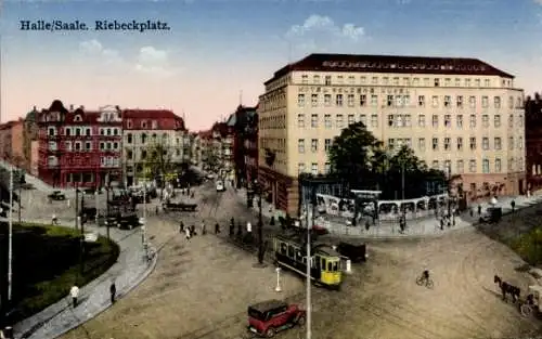 Ak Halle Saale, Verkehr am Riebeckplatz, Straßenbahn, Gebäude