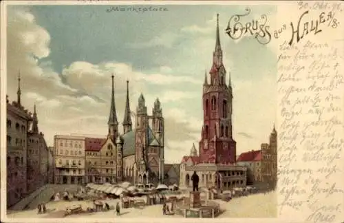 Ak Halle an der Saale, Marktplatz, historische Gebäude, Architektur, Marktstände