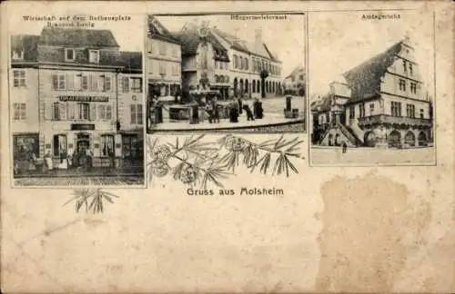 Ak Molsheim Elsass Bas Rhin, Amtsgericht, Bürgermeisteramt, Wirtschaft auf dem Rathausplatz