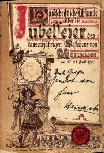 Ak Mettmann in Nordrhein Westfalen, Handschriftliche Urkunde über die Jubelfeier 1904