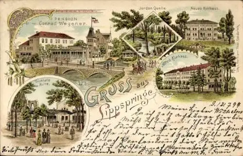 Litho Bad Lippspringe in Westfalen, Pension Conrad Wegener, Kurhaus, Jordan Quelle, Trinkhalle