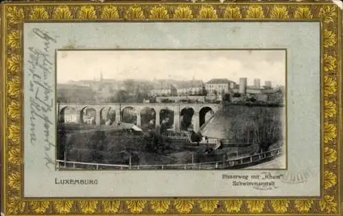 Präge Passepartout Ak Luxemburg Luxembourg, Bisserweg mit Rham Schwimmanstalt, Viadukt