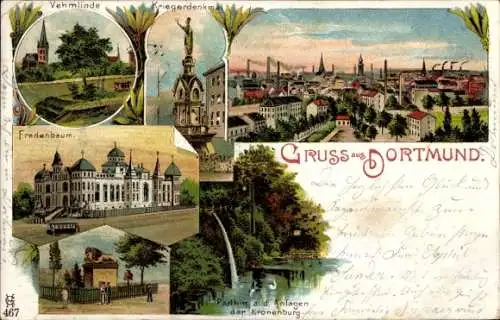 Litho Dortmund im Ruhrgebiet, Vehmlinde, Kriegerdenkmal, Fredenbaum, Anlagen der Kronenburg