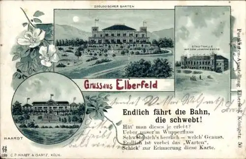 Mondschein Litho Elberfeld Wuppertal, Zoologischer Garten, Stadthalle auf dem Johannisberg, Haardt
