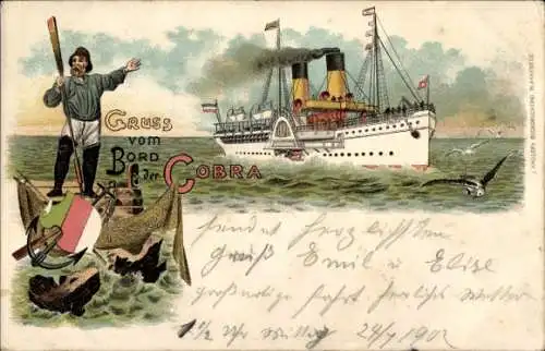 Litho Dampfschiff Cobra, HAPAG Seebäderdienst, Wappen, Seemann