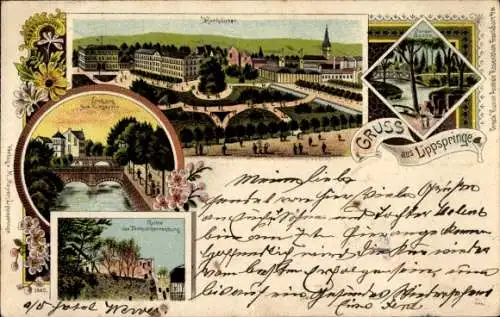 Litho Bad Lippspringe in Westfalen, Kurhäuser, Kurgarten, Ruine Tempelherrenburg