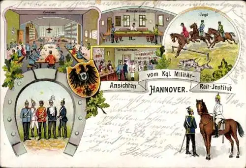 Litho Hannover in Niedersachsen, Kgl. Militär-Reit-Institut, Jagd, Billard