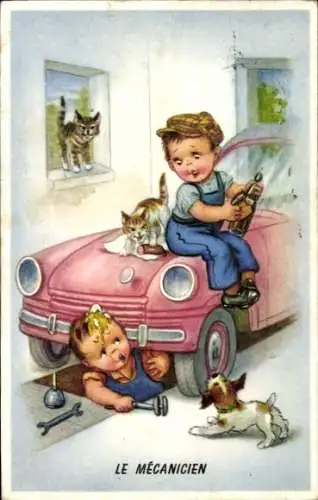 Künstler Ak Der Mechaniker, Kinder reparieren ein Auto, Katzen, Hund