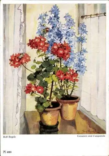 Künstler Ak Regele, R., Geranien, Campanula, Ackermann 4333