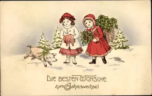 Ak Glückwunsch Neujahr, Kinder, Schwein, Glücksklee