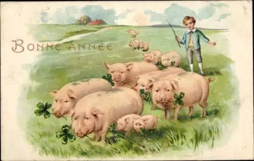 Präge Ak Glückwunsch Neujahr, Schweine, Wiese, Glücksklee, Kind