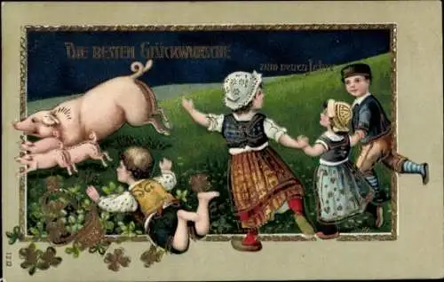 Präge Ak Glückwunsch Neujahr, Schweine, Glücksklee, Kinder