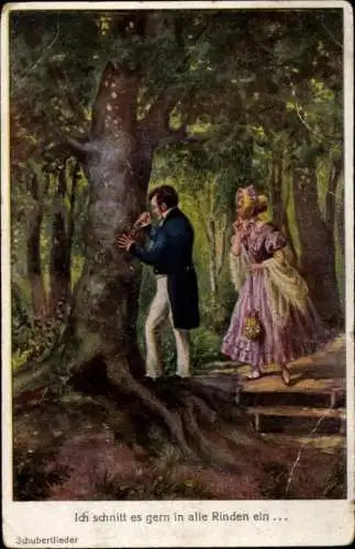 Künstler Ak Schubertlieder, Ich schnitt es gern in alle Rinden ein, Liebespaar