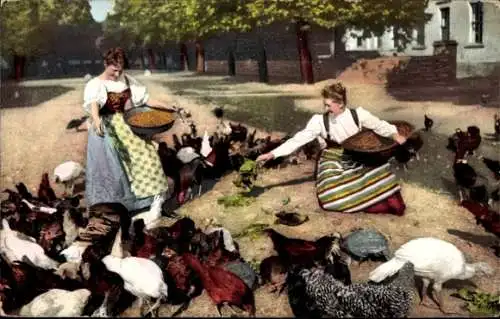 Ak Geflügelhof, Frauen füttern Hühner