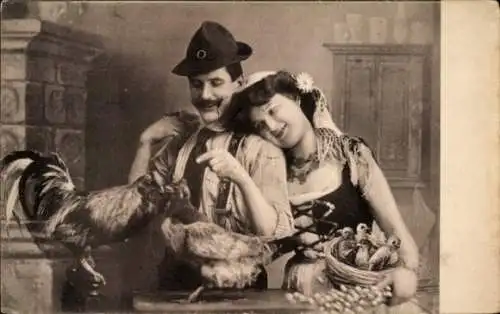 Ak Liebespaar in Tracht, Hühner