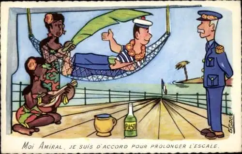 Künstler Ak Goux, Marine Militaria, Moi Amiral je suis d'accord pour prolonger l'Escale