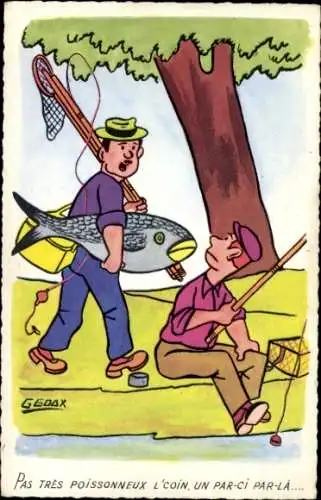 Künstler Ak Gedax, Angler mit großem Fisch