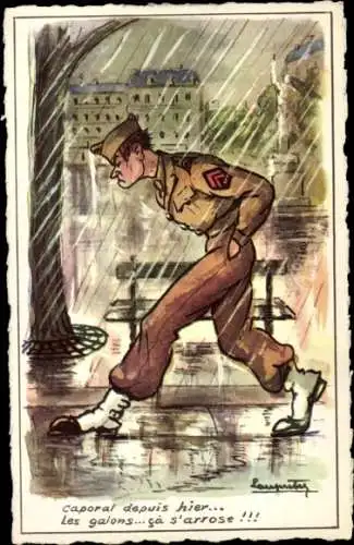 Künstler Ak Laumety, Soldat mit Rangabzeichen läuft im Regen
