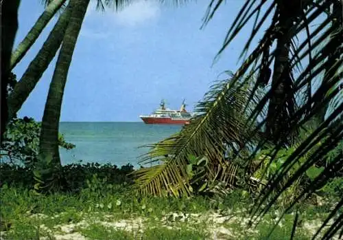 Ak Curaçao Niederländische Antillen Karibik, MS World Discoverer, Baujahr 1974, BRT 3153, Läng...