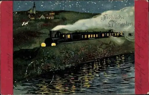 Litho Glückwunsch Pfingsten, Eisenbahn, Lokomotive, Nacht