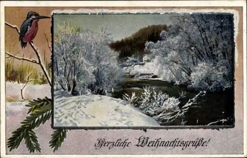 Ak Stickenbüttel Cuxhaven in Niedersachsen, Vorderseite einer Postkarte mit winterlicher Fluss...
