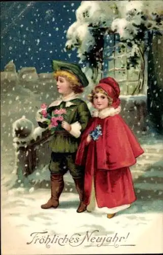Ak Solingen im Bergischen Land, Verschneite Winterlandschaft mit zwei Kindern, Junge mit grüne...
