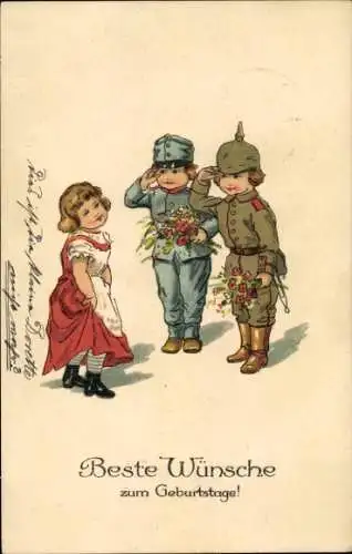 Ak Bergrade Duvensee in Lauenburg, Mädchen in rotem Kleid, zwei Jungen in Uniform mit Pickelha...