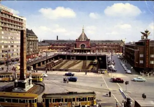 Ak København Kopenhagen Dänemark, Hauptbahnhof, Straßenbahnen