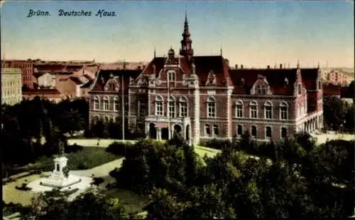 Ak Brno Brünn Südmähren, Deutsches Haus, Statue,  Architektur