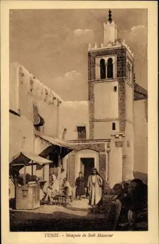Ak Tunis Tunesien, Moschee Sidi Mansour, Marktstände, Menschen, historische Architektur