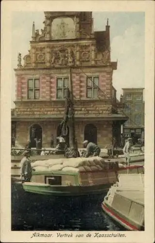 Ak Alkmaar Nordholland Niederlande, Historisches Gebäude, Kaasschuiten, Wasserstraße, Schiffsv...