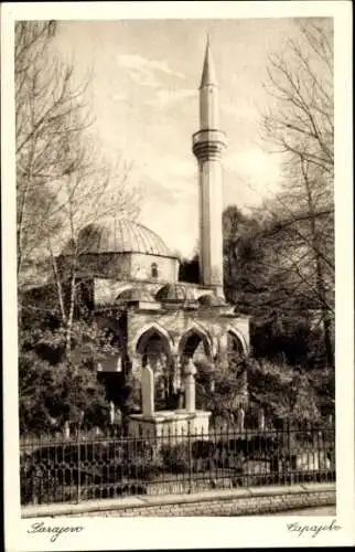 Ak Sarajevo Bosnien Herzegowina, Abbildung einer Moschee mit Minarett, Bäume, Garten, Zaun