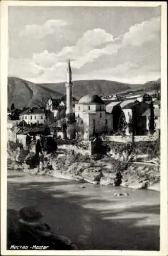 Ak Mostar Bosnien Herzegowina, Historische Stadtansicht, Moschee, Fluss, Berge, Himmel