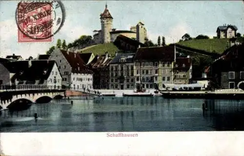 Ak Schaffhausen am Rhein Schweiz, Stadtansicht, Wasser, Brücke, historische Gebäude, Berge, Po...
