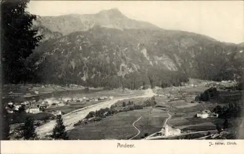 Ak Andeer Kanton Graubünden, Berglandschaft, Tal, Gebäude, Weg, Dorfansicht