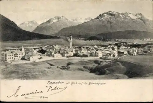 Ak Samaden Samedan Kanton Graubünden, Postkarte mit Blick auf die Berninagruppe, signiert von ...
