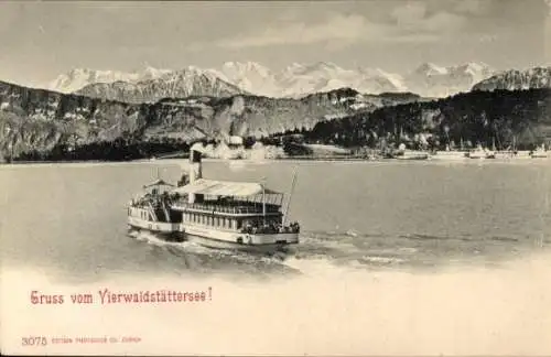 Ak Vierwaldstättersee Kanton Uri, Schiff auf dem See, Berge im Hintergrund, Gruß vom Vierwalds...