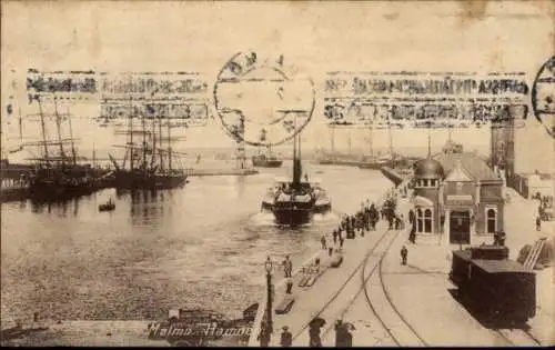 Ak Malmö Schweden, Vorschau auf Hafen, Schiffe, Gebäude, Menschen, altes Postkartenmotiv