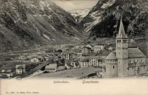 Ak Göschenen Goeschenen Kanton Uri, Schöne Berglandschaft, Kirche, Gotthardbahn, alte Gebäude
