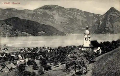 Ak Buochs Kt Nidwalden Schweiz, Schöne Landschaft mit Bergen, See und Kirche, malerisches Dorf