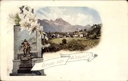 Ak Altdorf Kt Uri, Berglandschaft, Stadtansicht, Statue, Gruss aus Altdorf