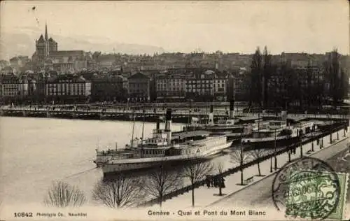 Ak Genf Stadt Schweiz, Panorama von  Quai und Pont du Mont Blanc, Boote im Wasser