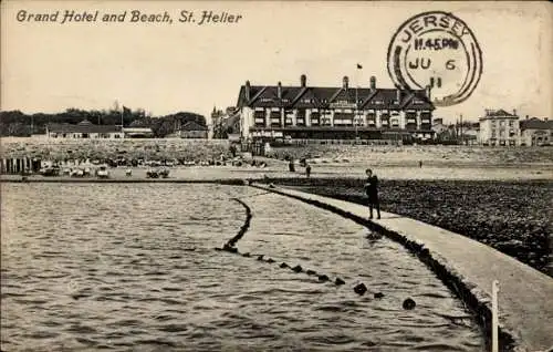 Ak Saint Helier Kanalinsel Jersey, Grand Hotel und Strand