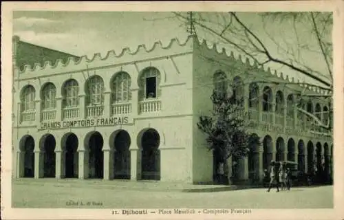Ak Djibouti Dschibuti, CRANDS COMPTOIRS FRANCAIS, Place Menelick, Gebäude, historische Archite...