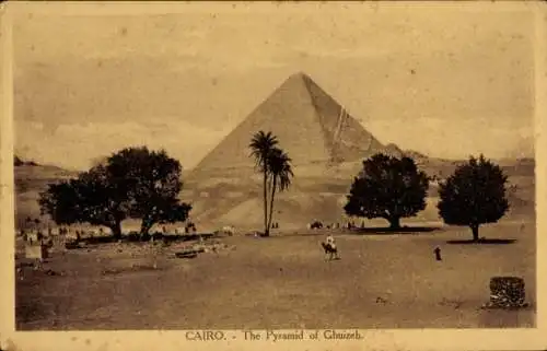Ak Cairo Kairo Ägypten, Die Pyramide von Ghuizeh, Bäume, Wüste,  Atmosphäre