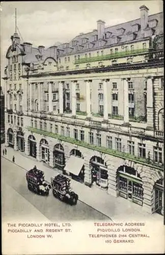 Ak West End London City England, Piccadilly Circus, Piccadilly Hotel, alte Straßenbahn, architekt