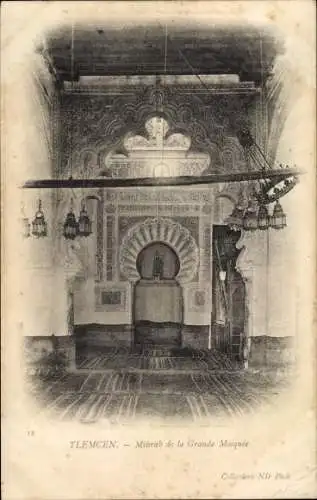Ak Tlemcen Algerien, Innenansicht einer Moschee, Mihrab, dekorierte Wände, Lampen